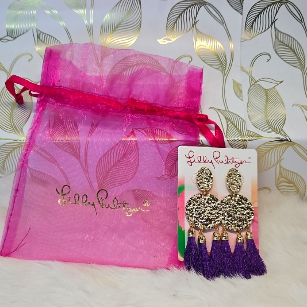 🌸 Lilly Pulitzer Gold & Purple Tassel Statement Earrings 🌸